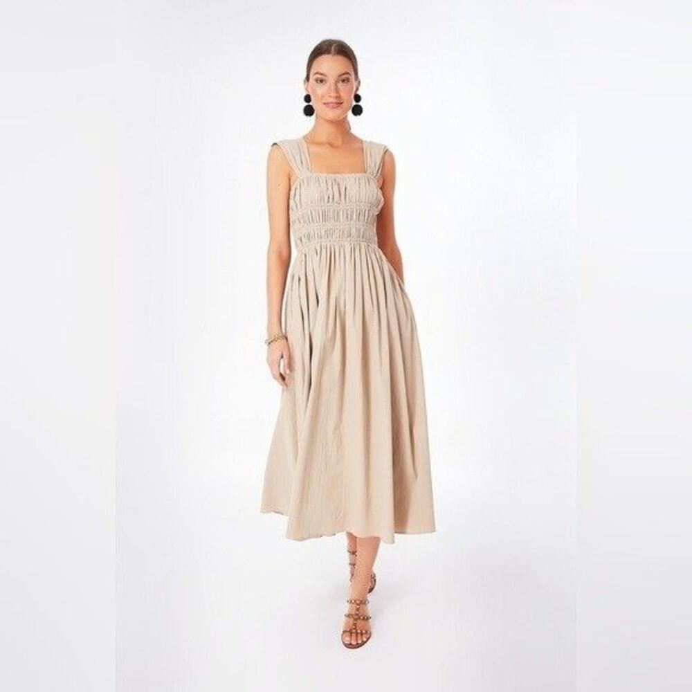 Pomander Place Tuckernuck Noah Smocked Midi Long Dress L Beige Tan Wedding Event